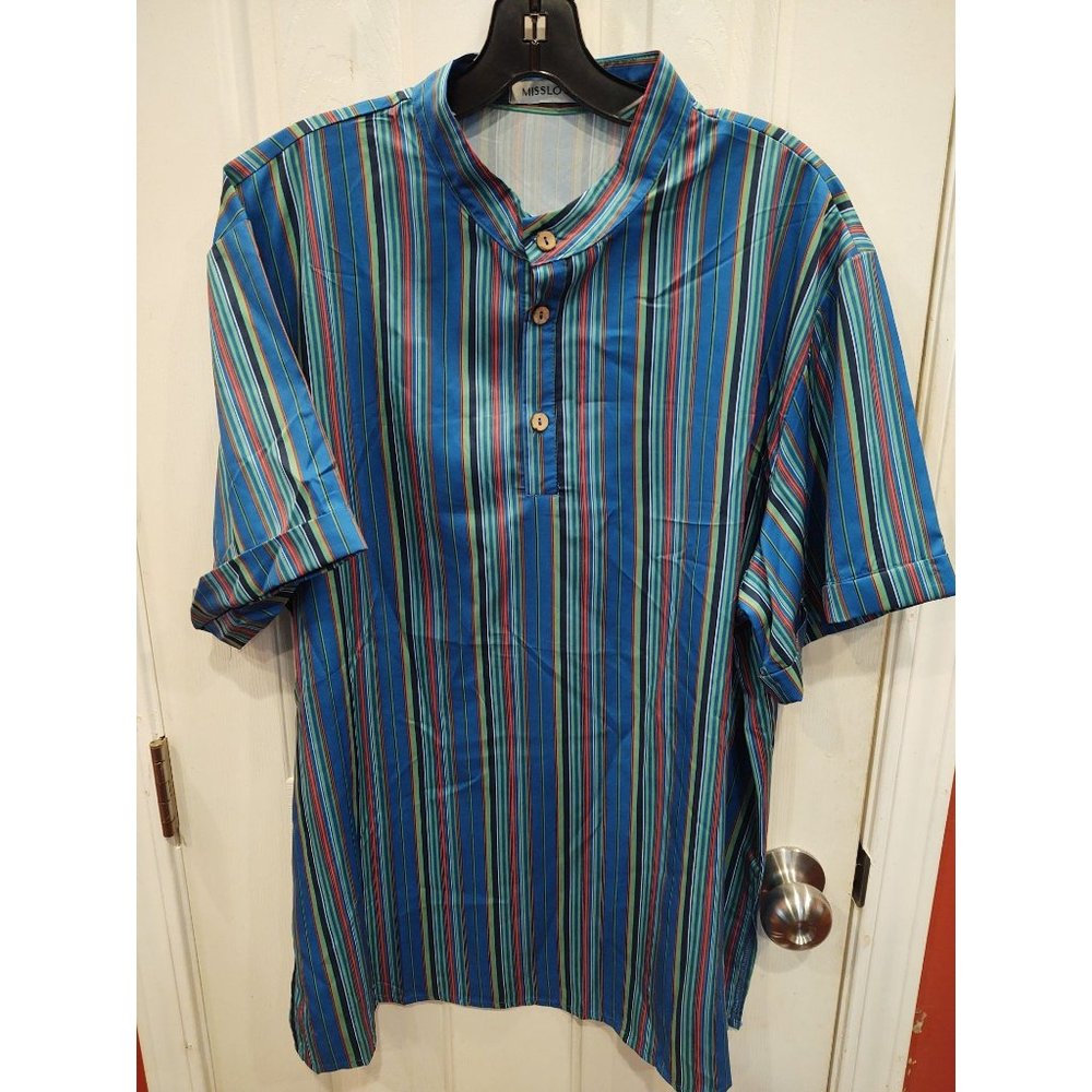 MissLook Mens XL Shirt Band Collar Blue Green Striped Short Sleeve Cuff